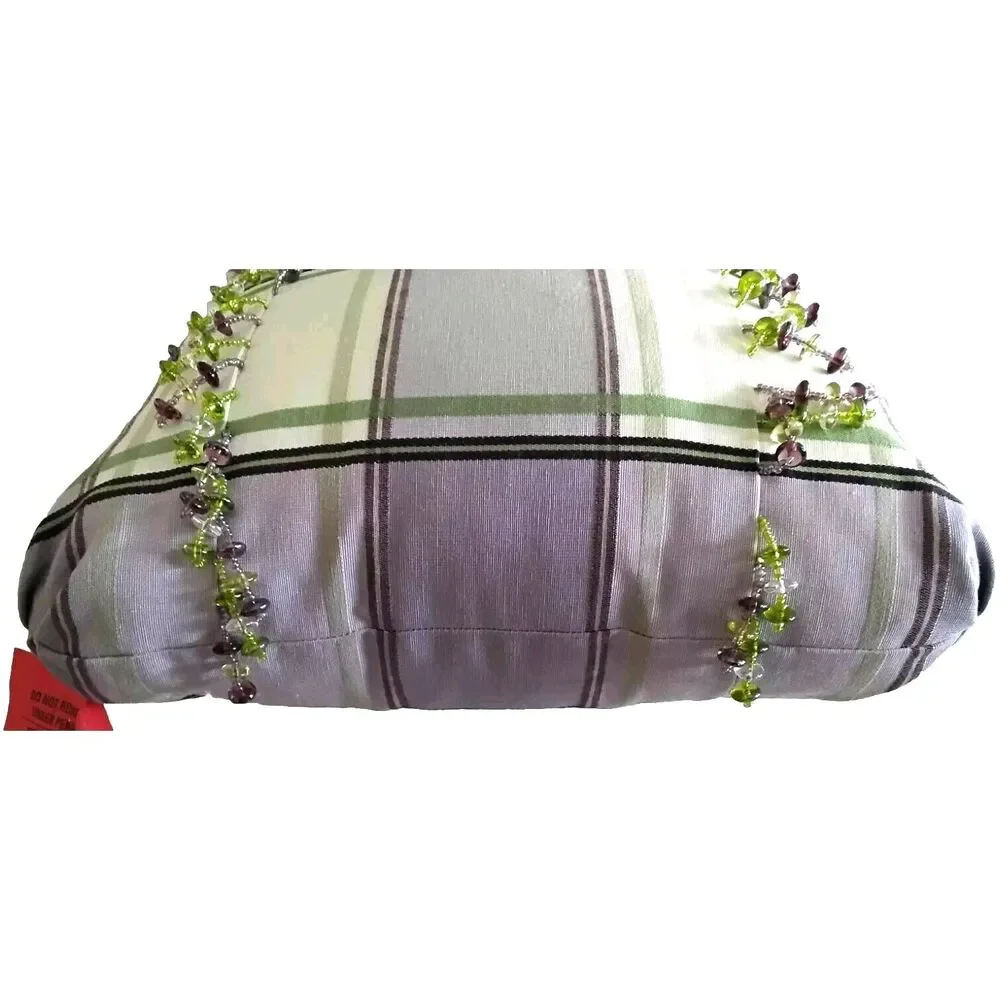 Lilac & Green Beaded Decrative Pillow with White Stripes Unique Excellent